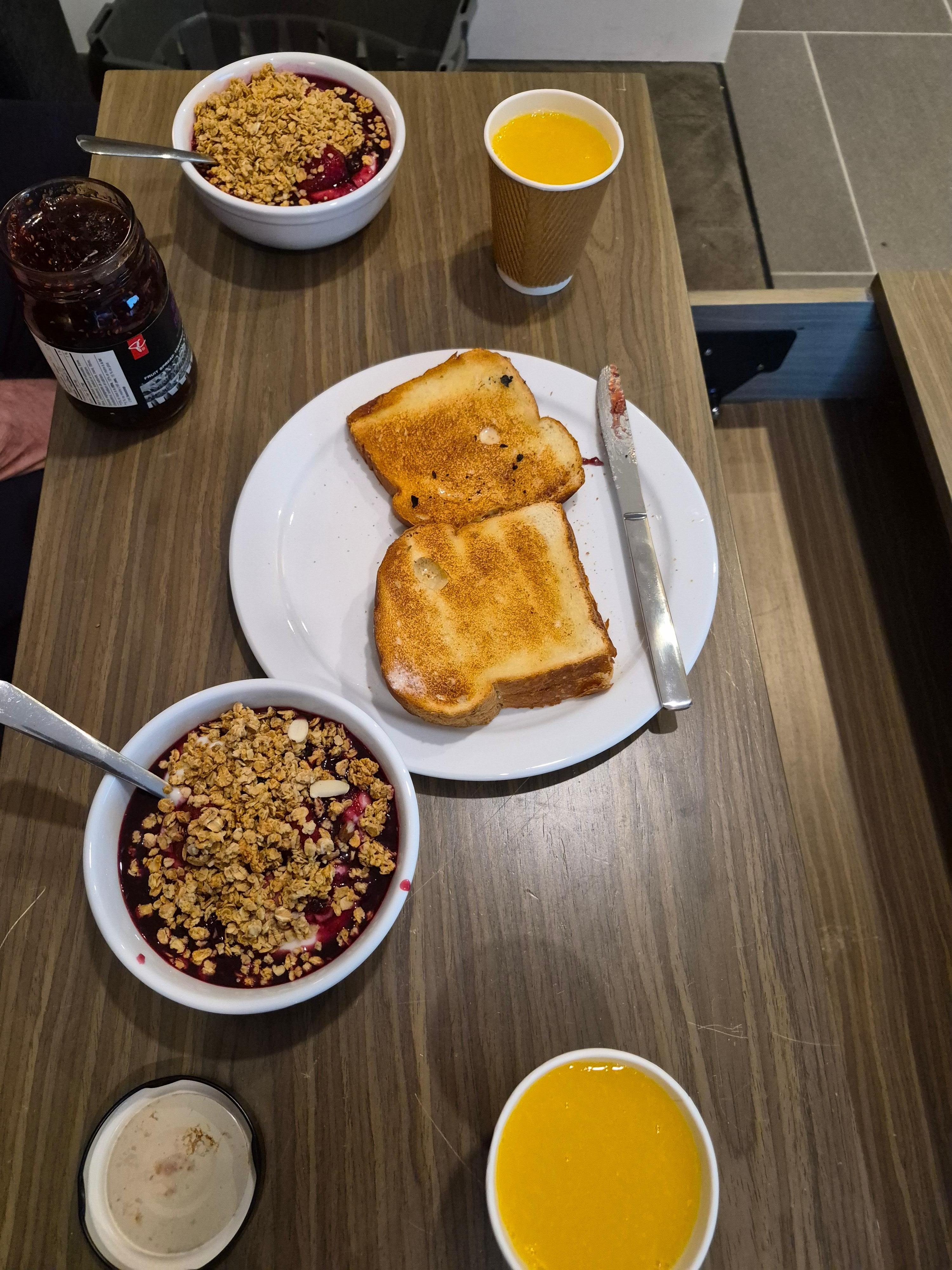 Breakfast we made a delicious berry sauce, yogurt with granola, Toast, jam and Orange Juice. Followed up with Hotel supplied, delicious coffee. Don't remember the brand but it was one of the best hotel coffee I have had. So good I got more. Lol