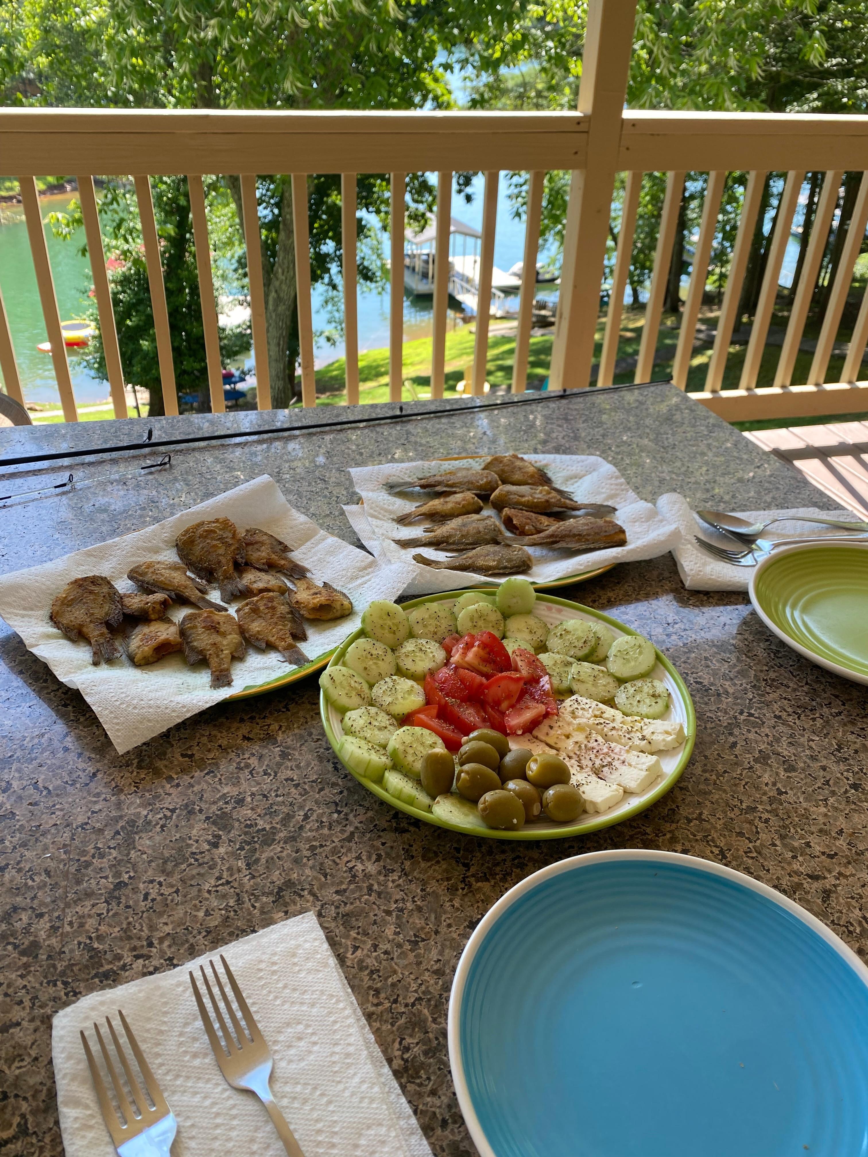 Enjoying the morning catch of the day! It doesn’t get any better .. right off the dock!