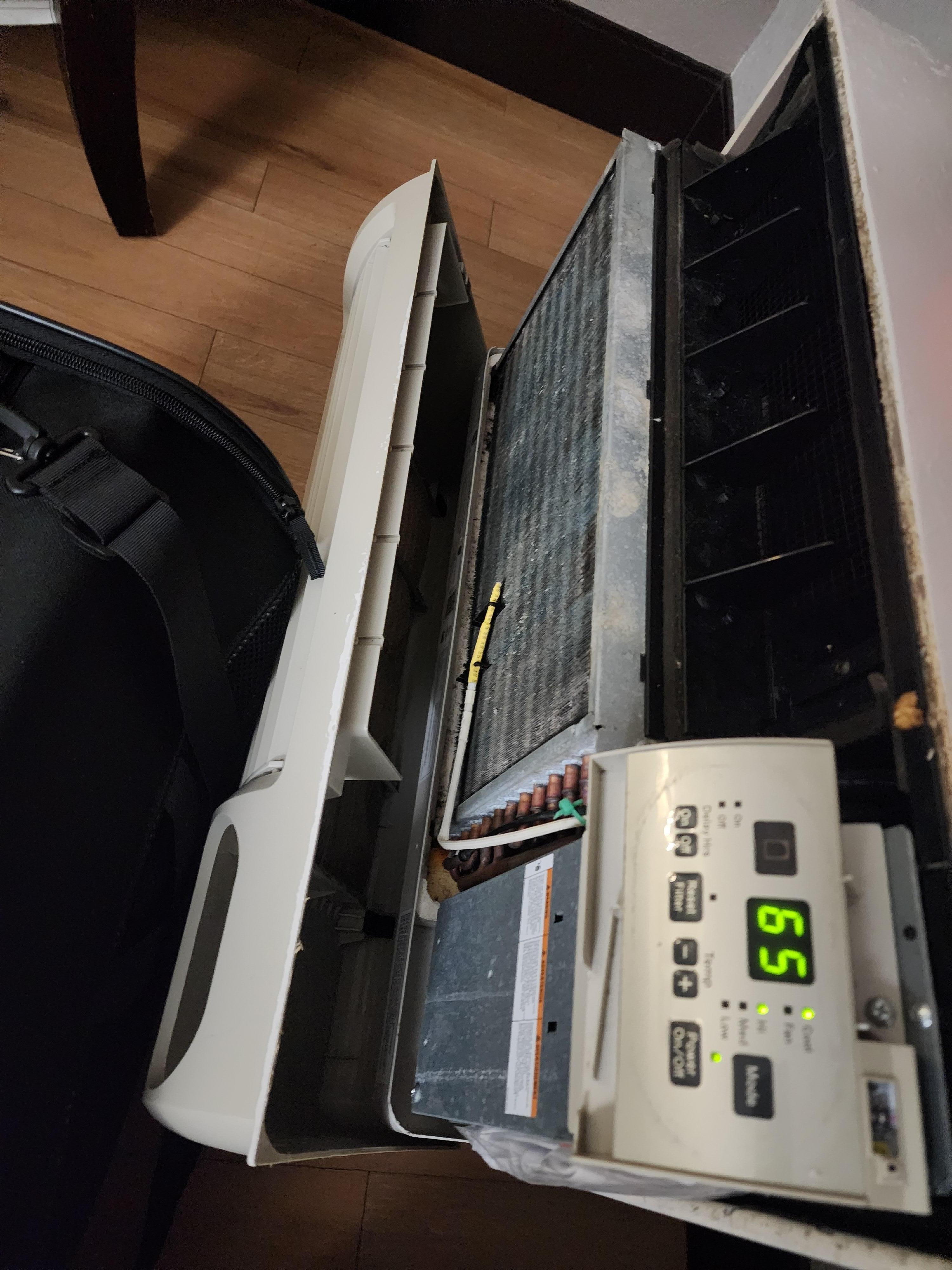 Ac unit kept falling apart and room would not get higher than 65 even with unit turned off.