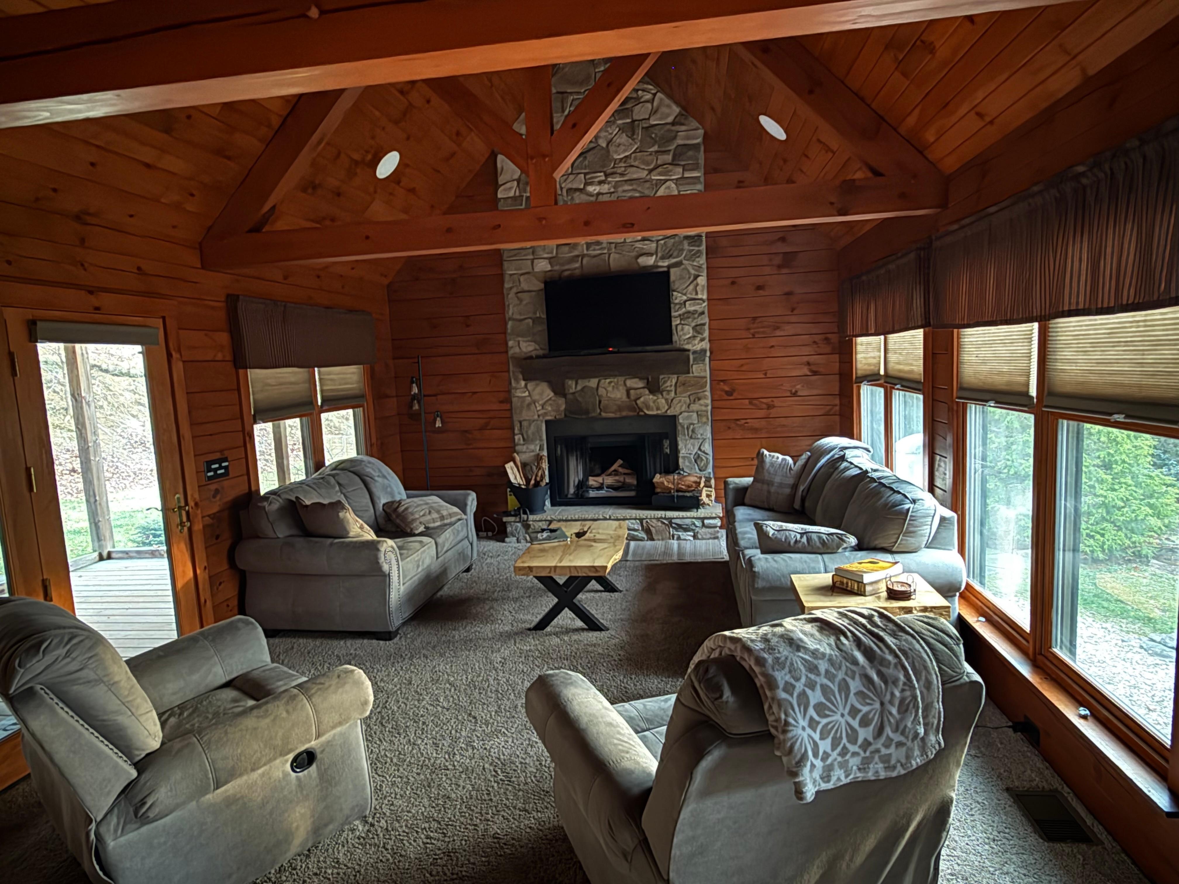 Wood burning fireplace in the gathering room. 