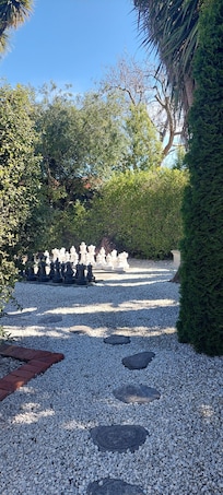 Giant chess set in backyard