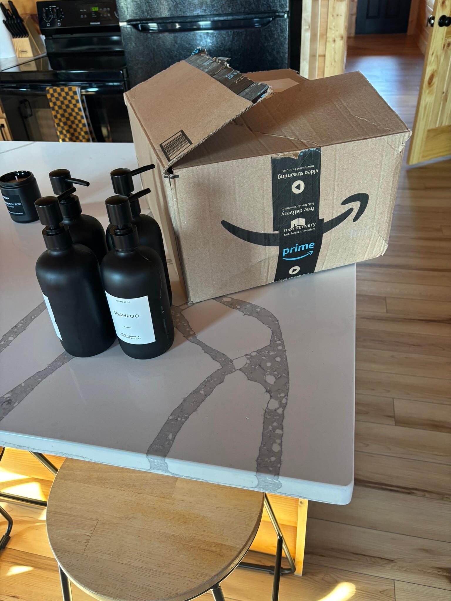 Box of cleaning supplies left on counter upon arrival.