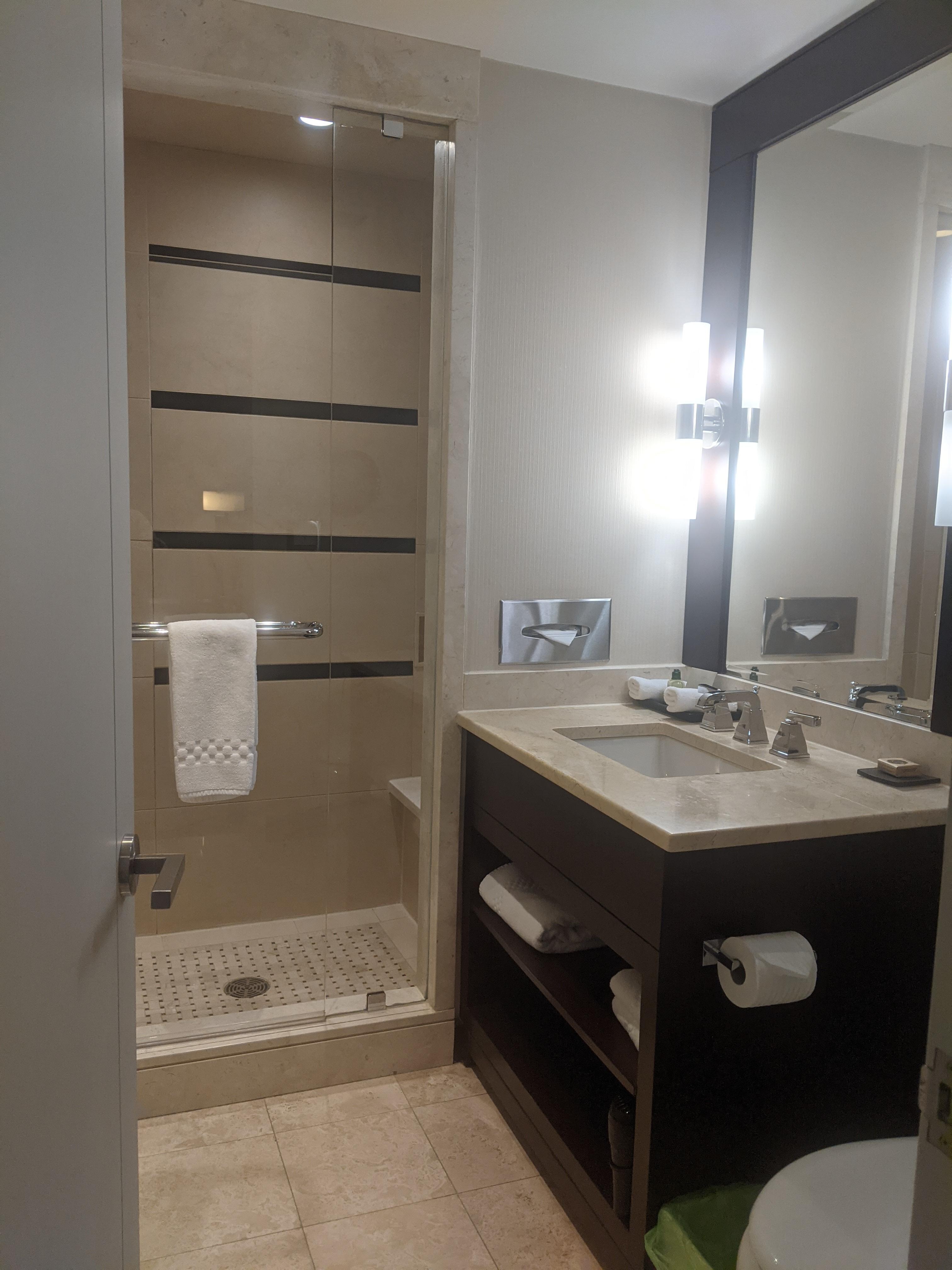 Bathroom had a shower stall and provided shampoo, conditioner, body wash, hand soap. 