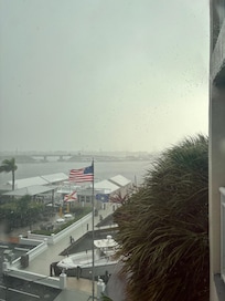 Our last day from our balcony. A little windy and rainy but still a beautiful site with our flag waving