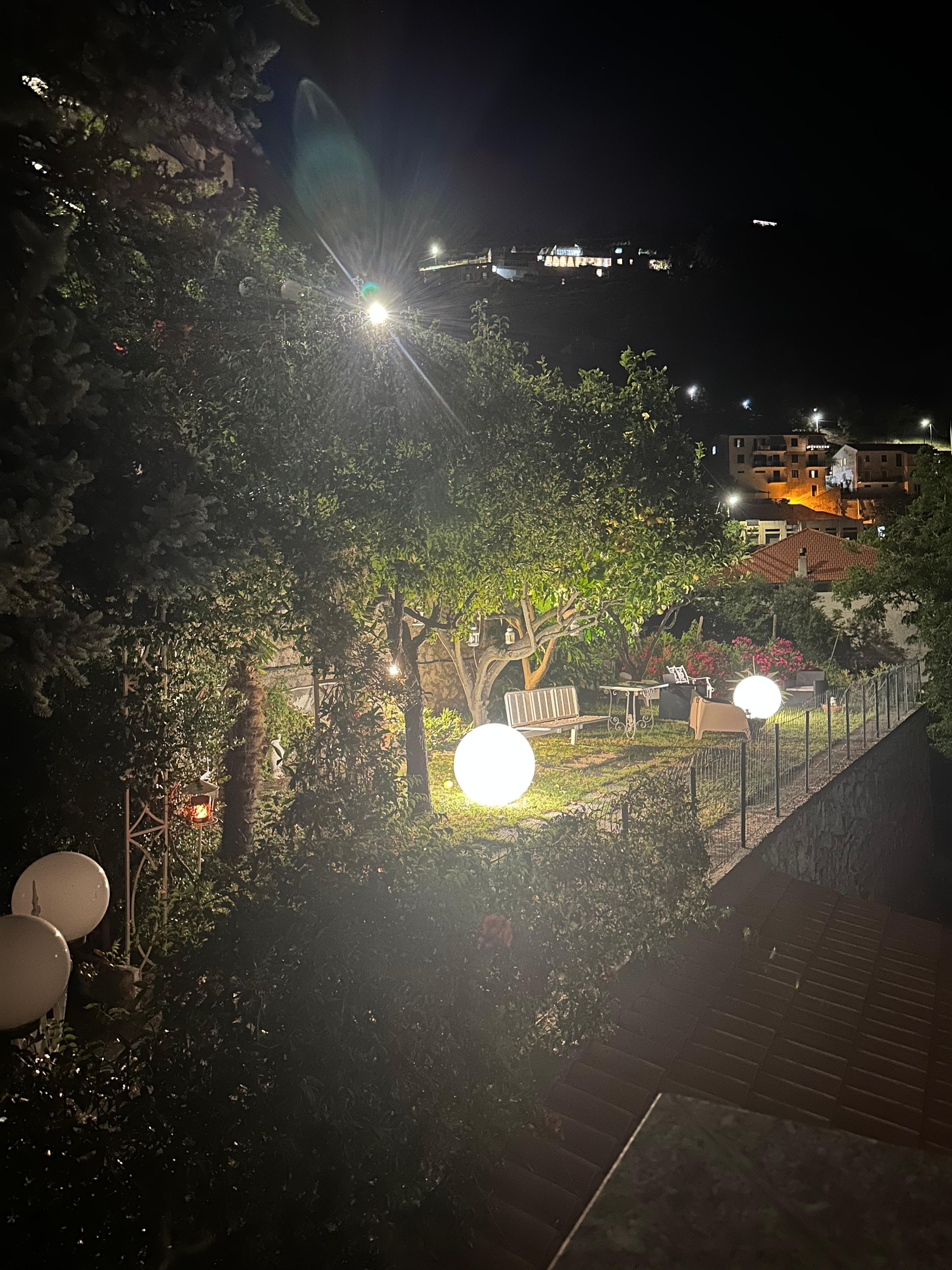 Nite view to cute little garden that was peaceful place to read during day.