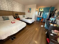 Super clean room with lots of amenities, including an adorable retro fridge in microwave