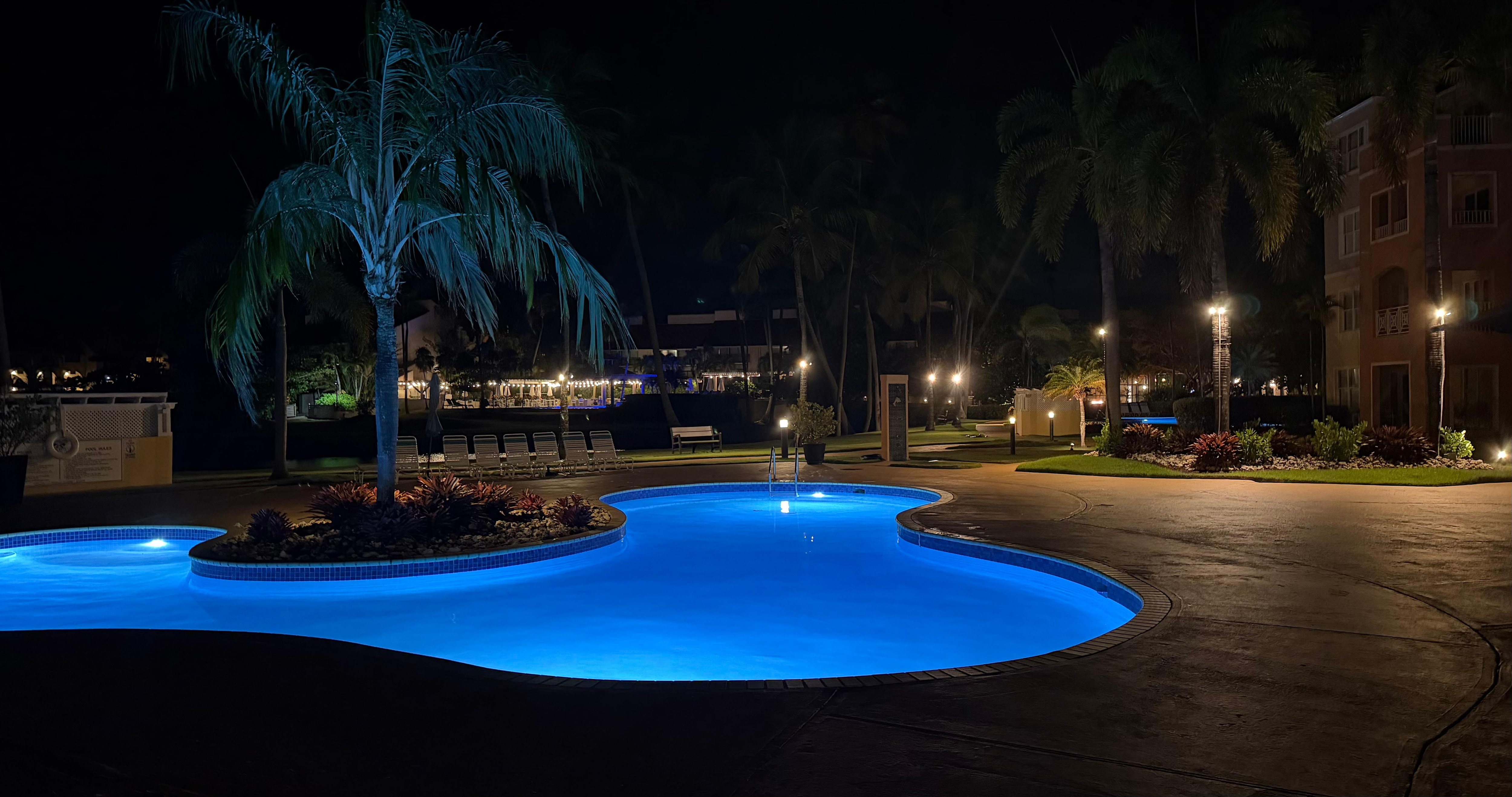 This is the pool right outside our apartment at night time