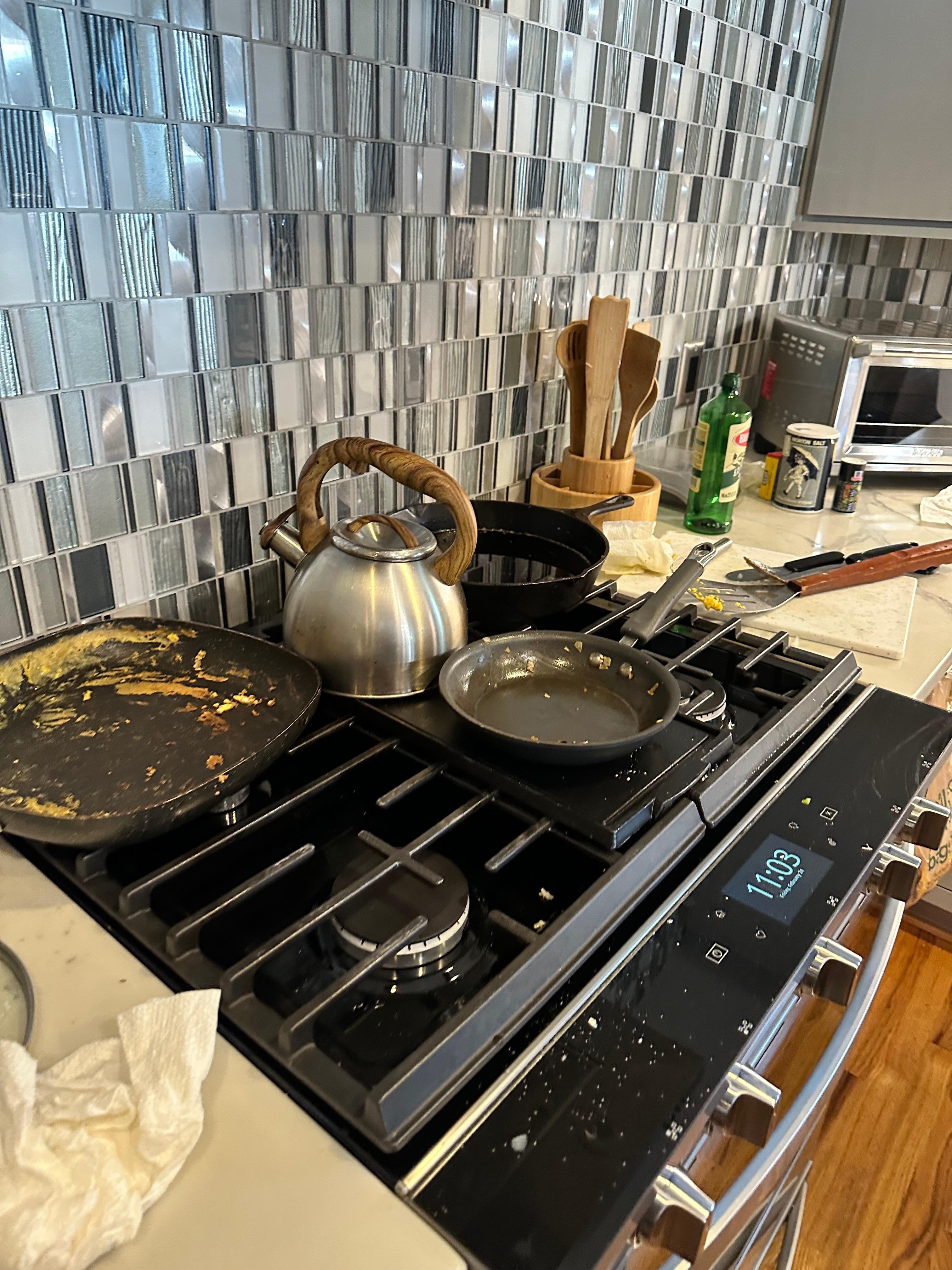 Aftermath of breakfast using their dishes. None of these are our dishes. Yes we cleaned them afterwards. 