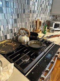 Aftermath of breakfast using their dishes. None of these are our dishes. Yes we cleaned them afterwards.