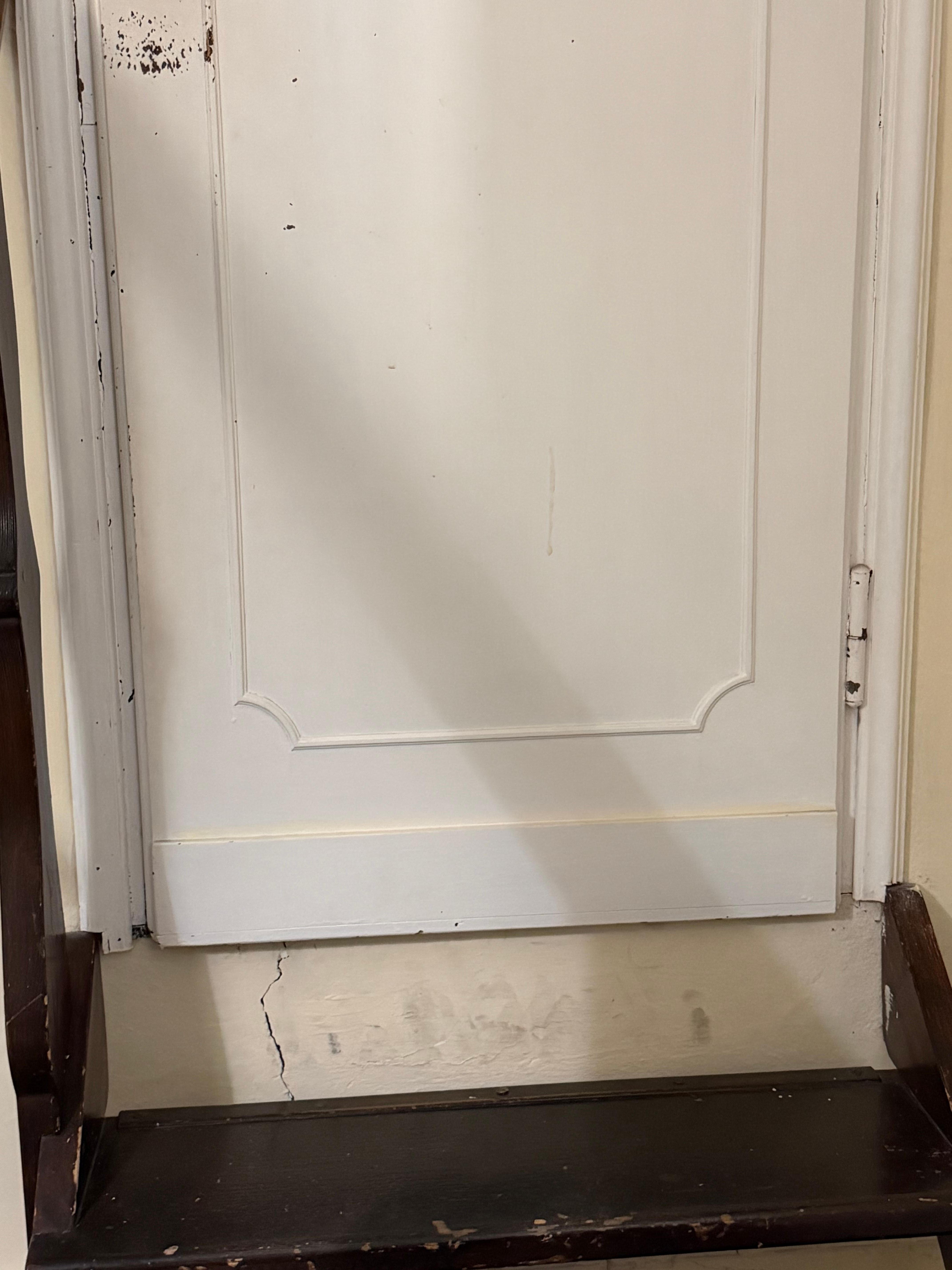 Wooden Stairs down into apartment from foyer (after one easy flight up) upand 1 step down to bathroom 