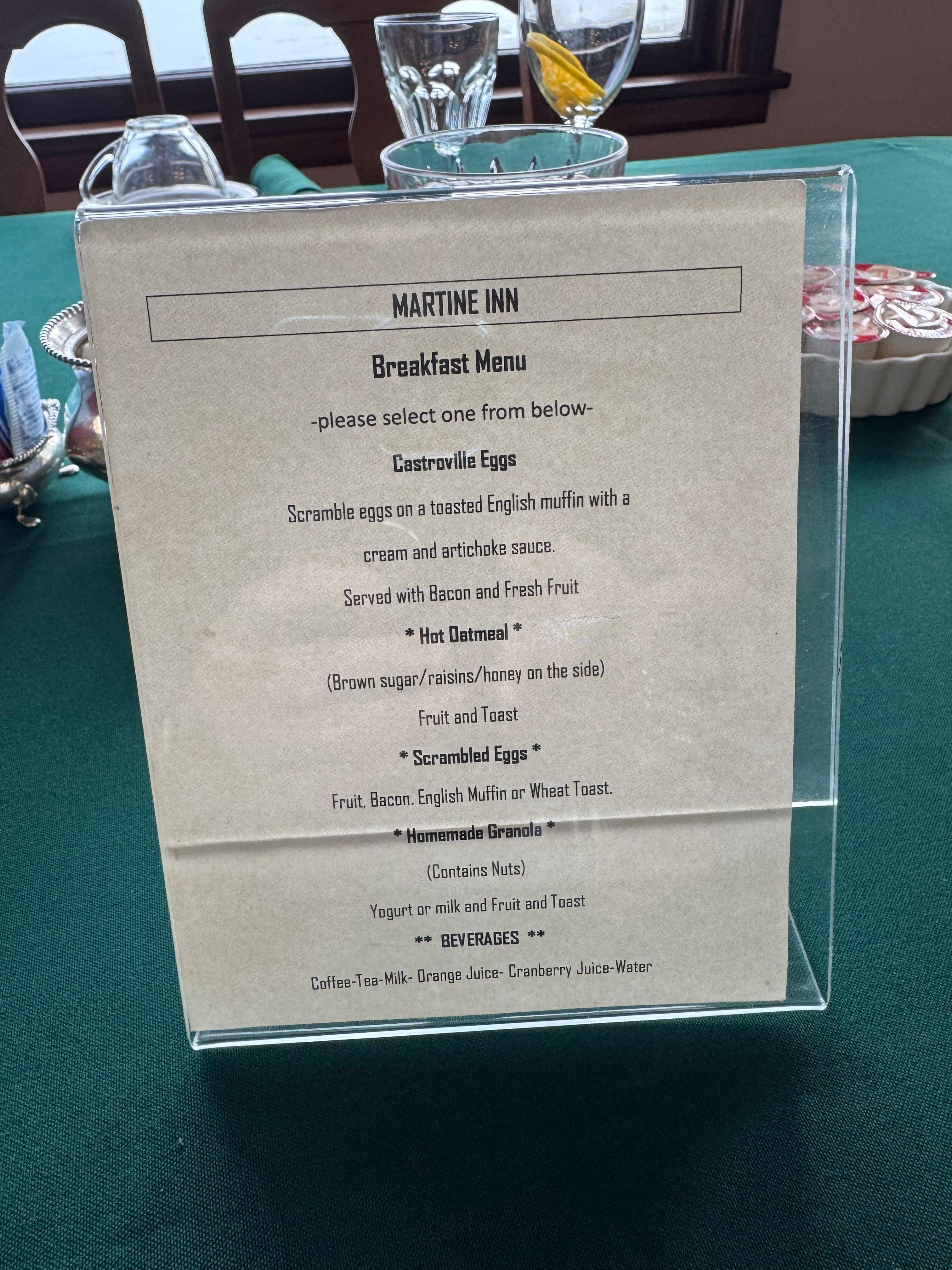 Menu for breakfast 