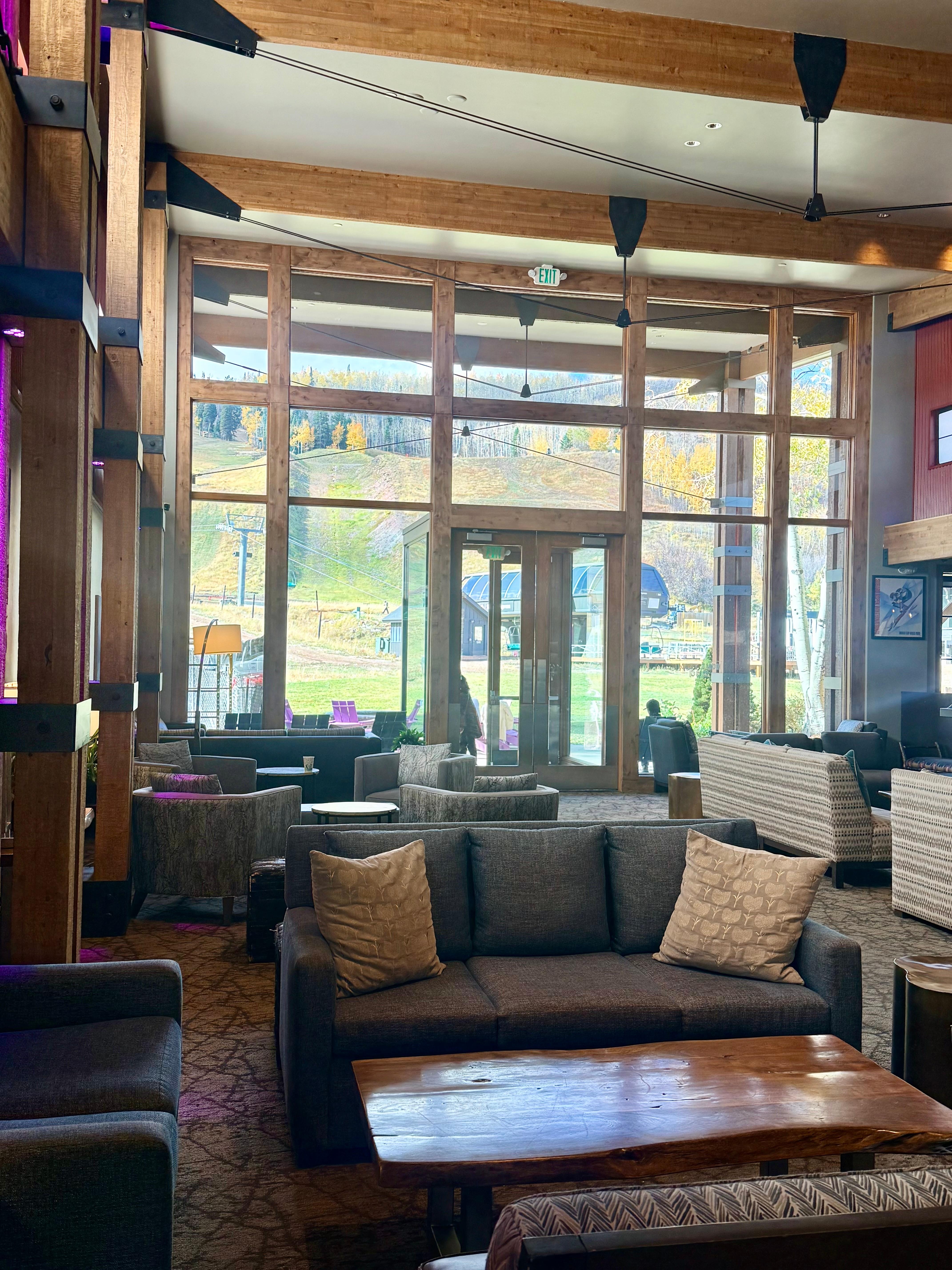 Lobby area looking onto ski lift 