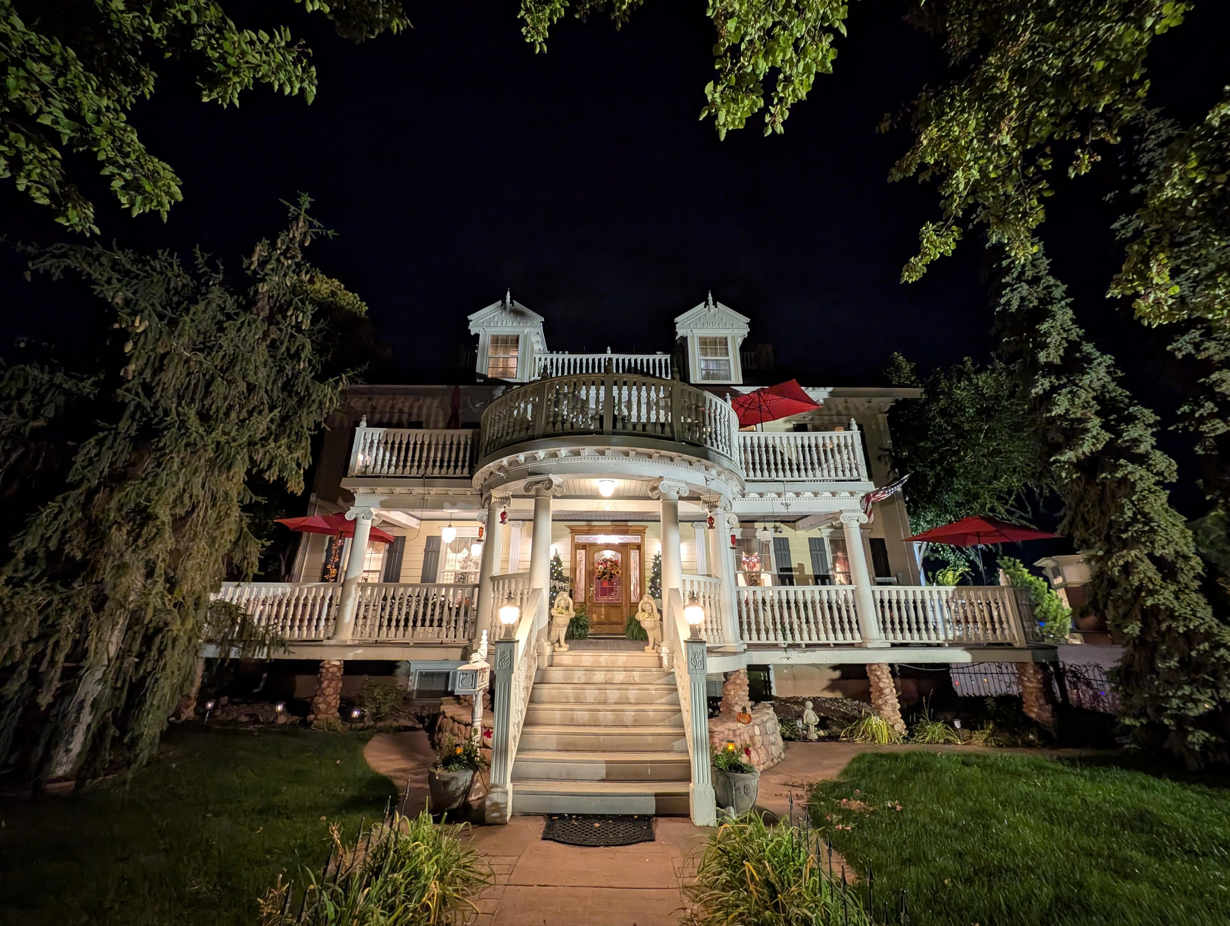 Front view of the home at night.