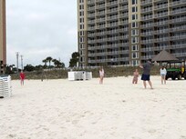 Overcast called for a football game on the beach. That's the building in the background.