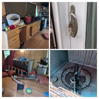 Pool house, outside sliding glass doors rusted keys in locks, moldy dishwasher.