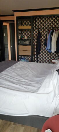 Partial view of bedroom with king bed, large screen TV and large closet for hanging clothes and storing suitcases