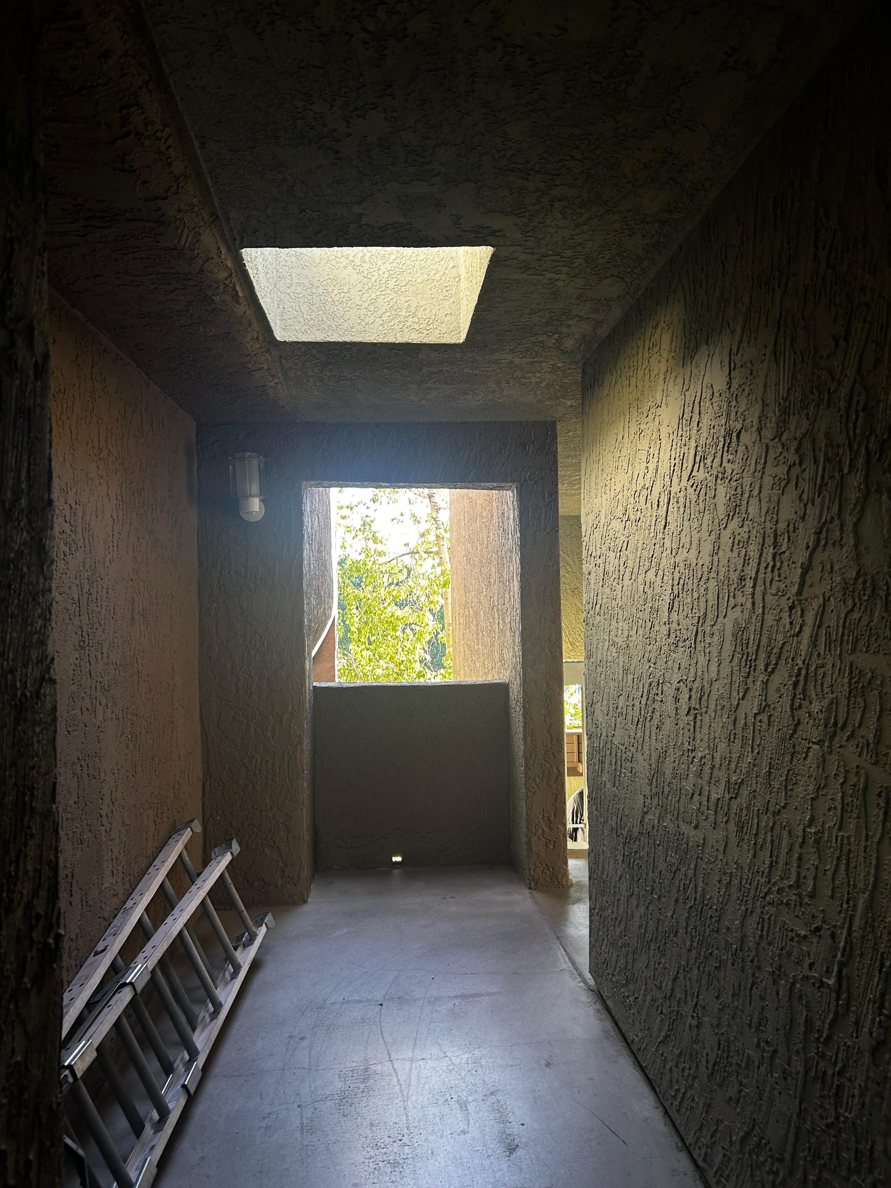 Ladder was blocking access to room at night.   It was in the opening at the top.  I had to maneuver around it to get to my room.