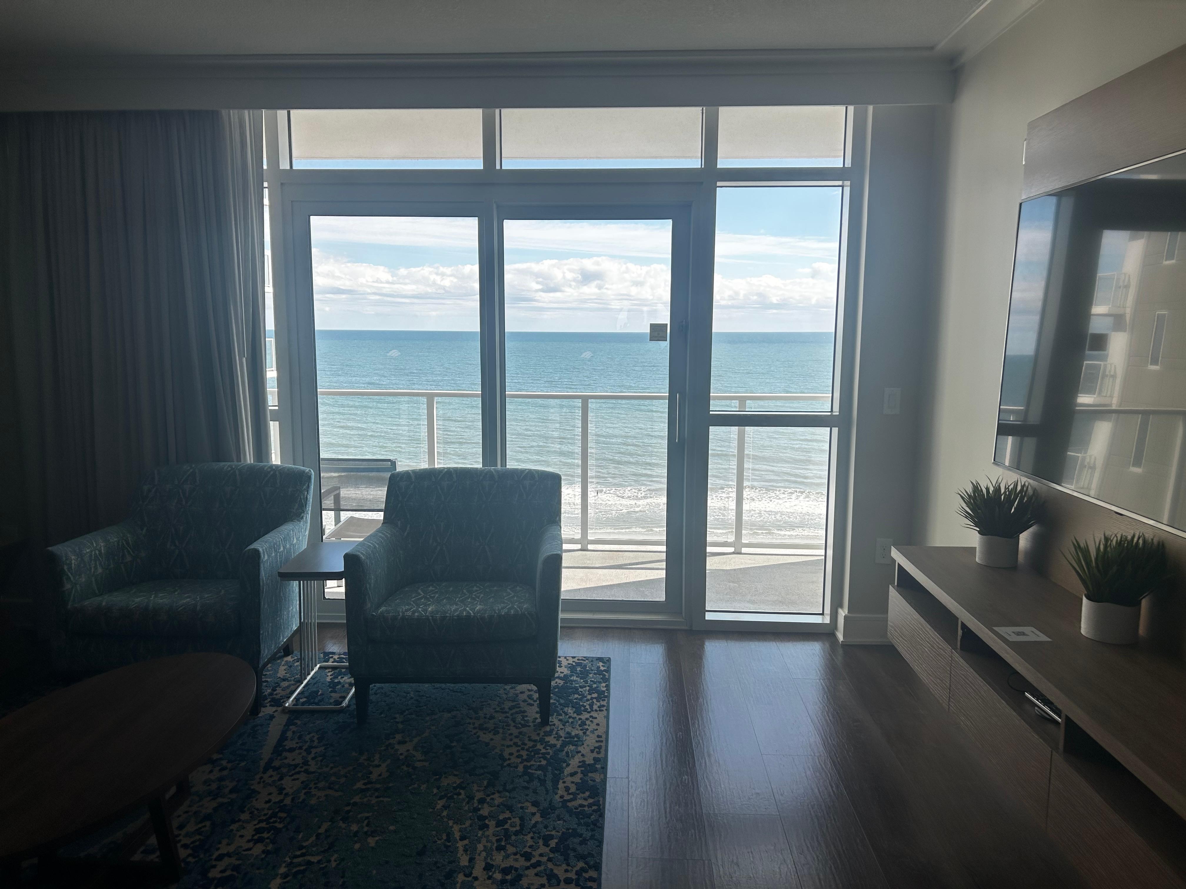 Listed as ocean view, but seems oceanfront to me. Nice balcony. Unlike many beach places, room was perfect inside with no rust, dampness, or bugs.