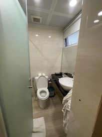 Not much room in toilet for hanging towel or placing them