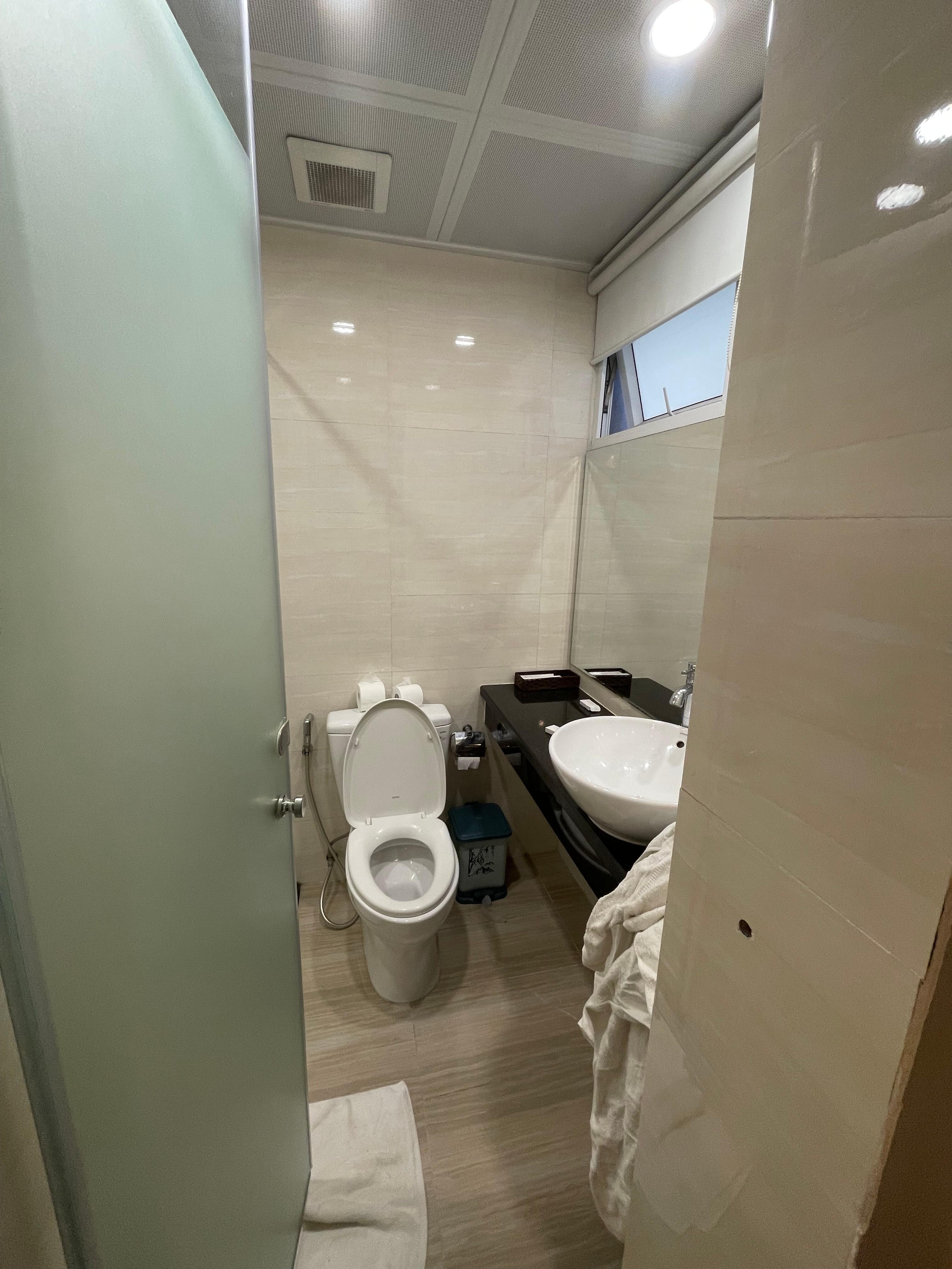Not much room in toilet for hanging towel or placing them