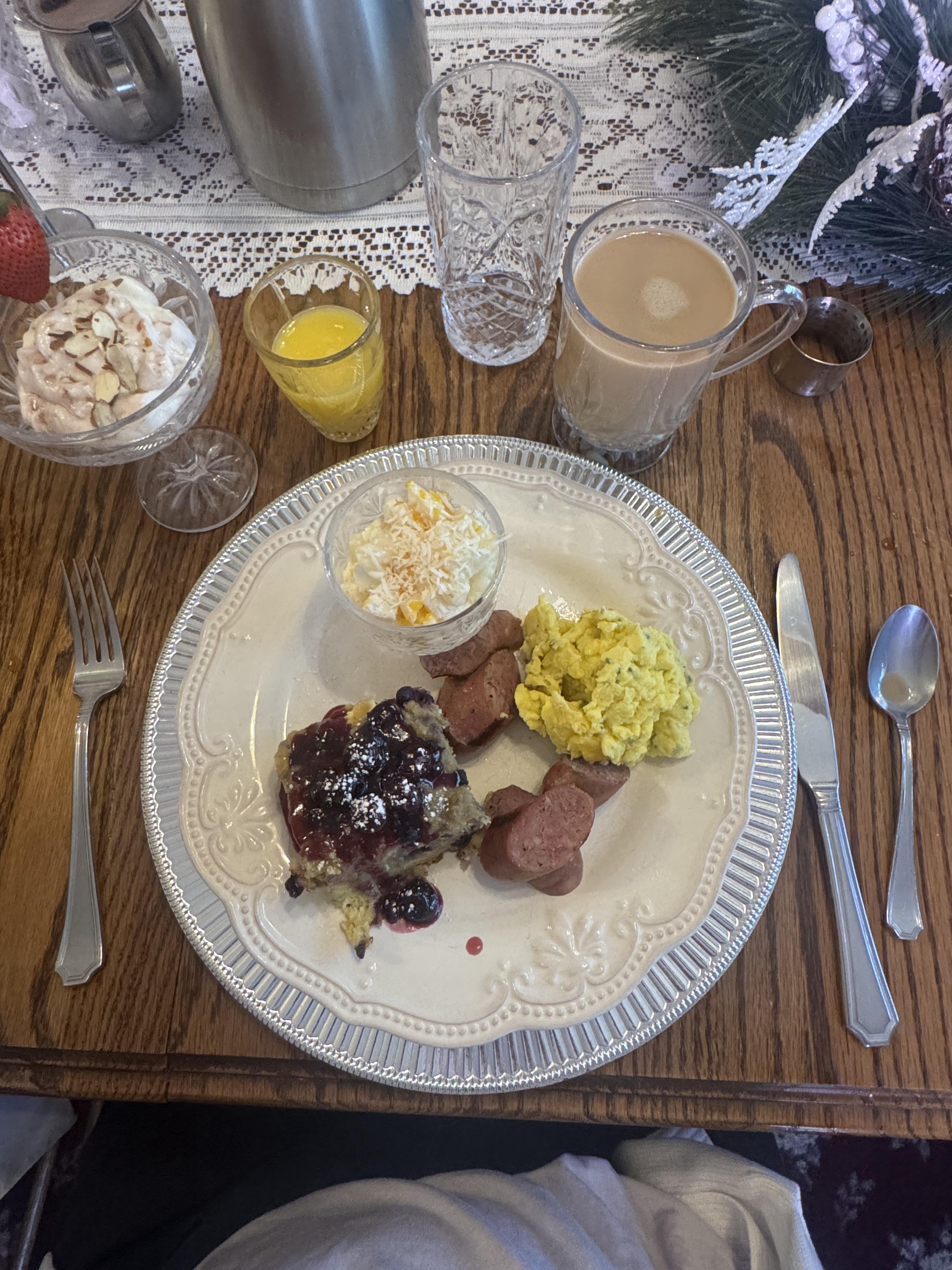 breakfast the scond day-just as delicious. Blueberry french toast, sausage, eggs, fruit and yogurt parfait