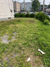 "OFF STREET PARKING" Spot. Overgrown and littered with trash and metal.