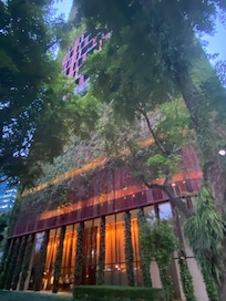 Hotel from street level in evening