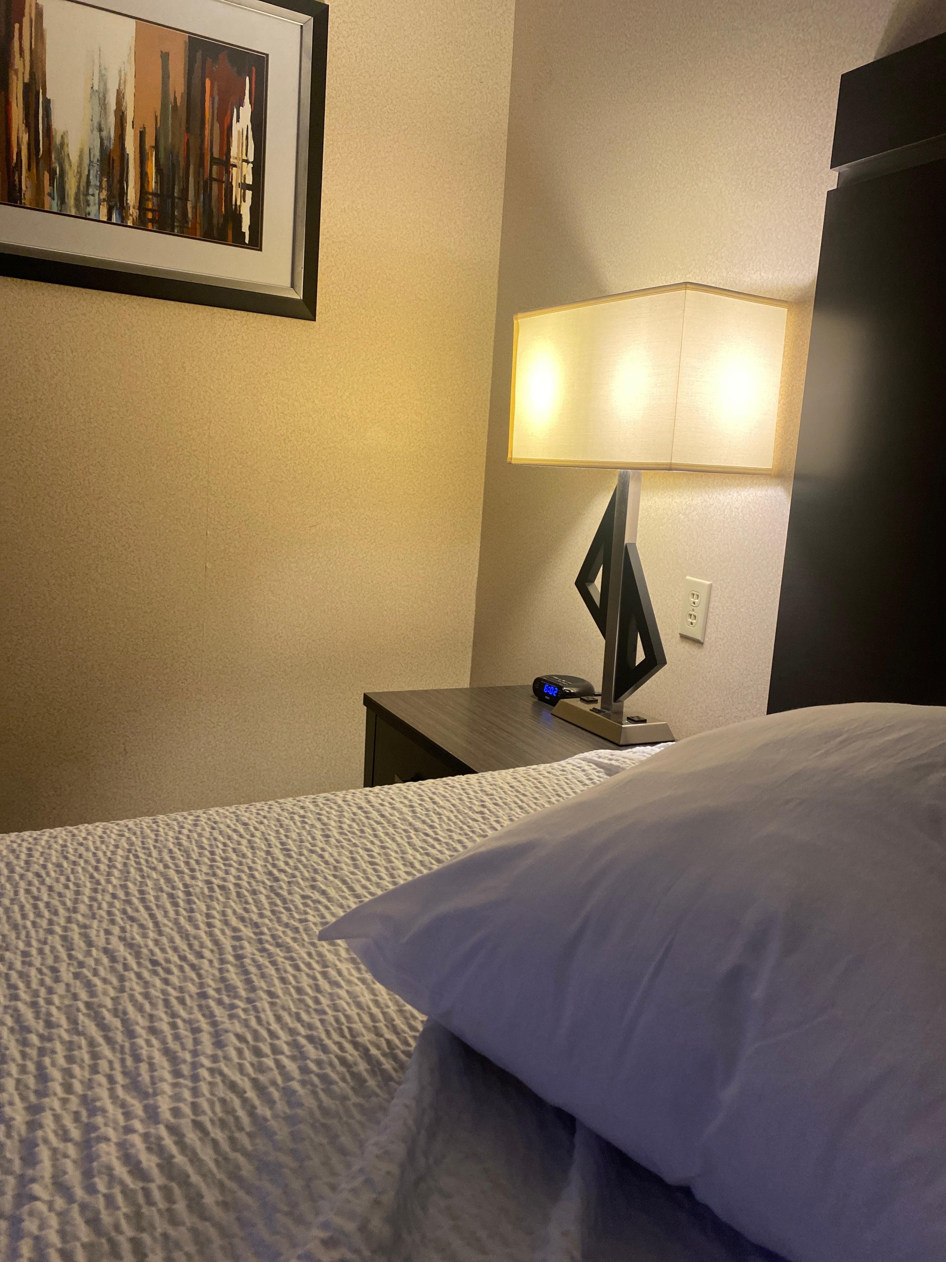 Room has night stands with nice lamps 