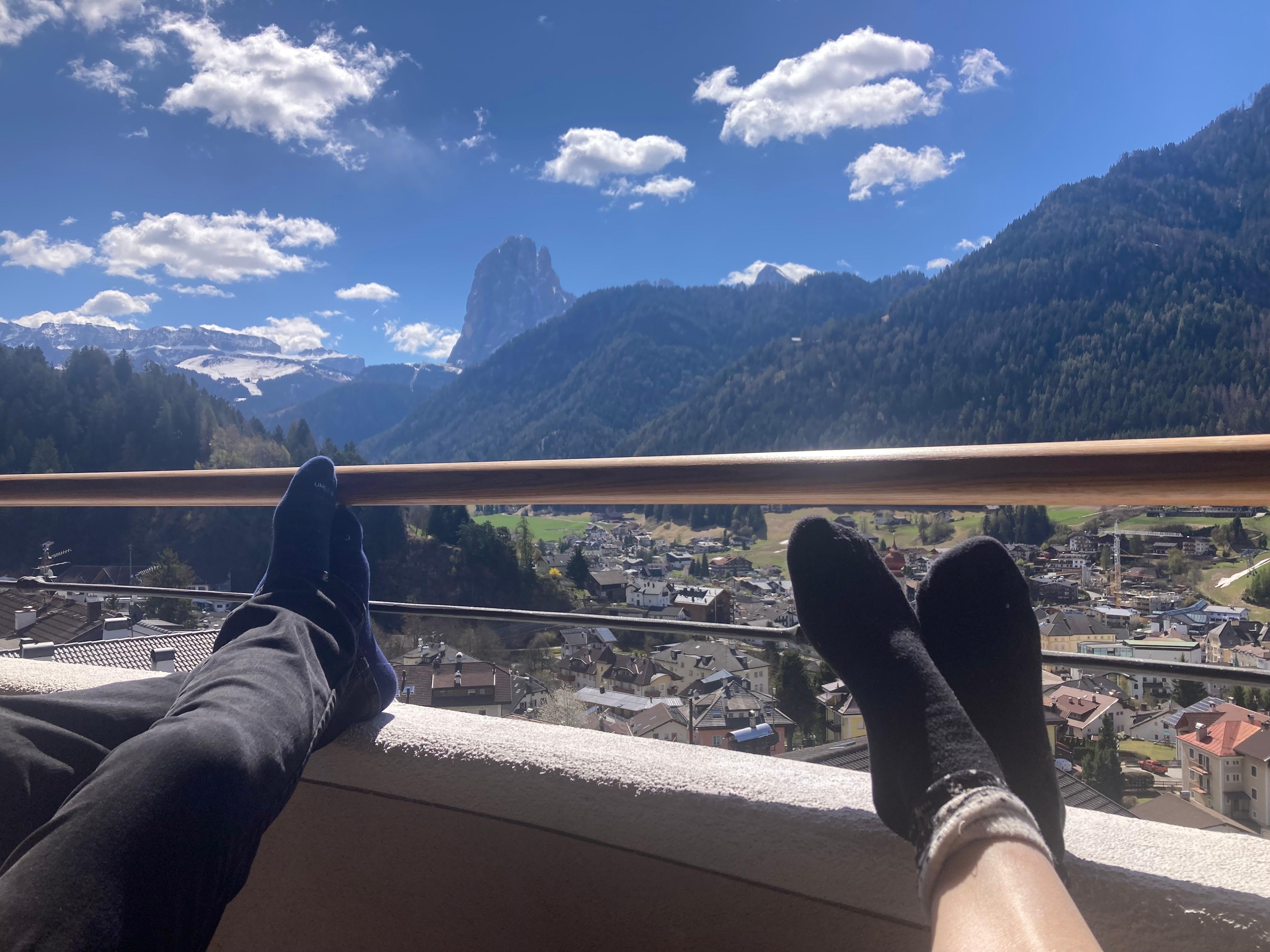 Relaxing on the balcony after the walk up from town. Cheers