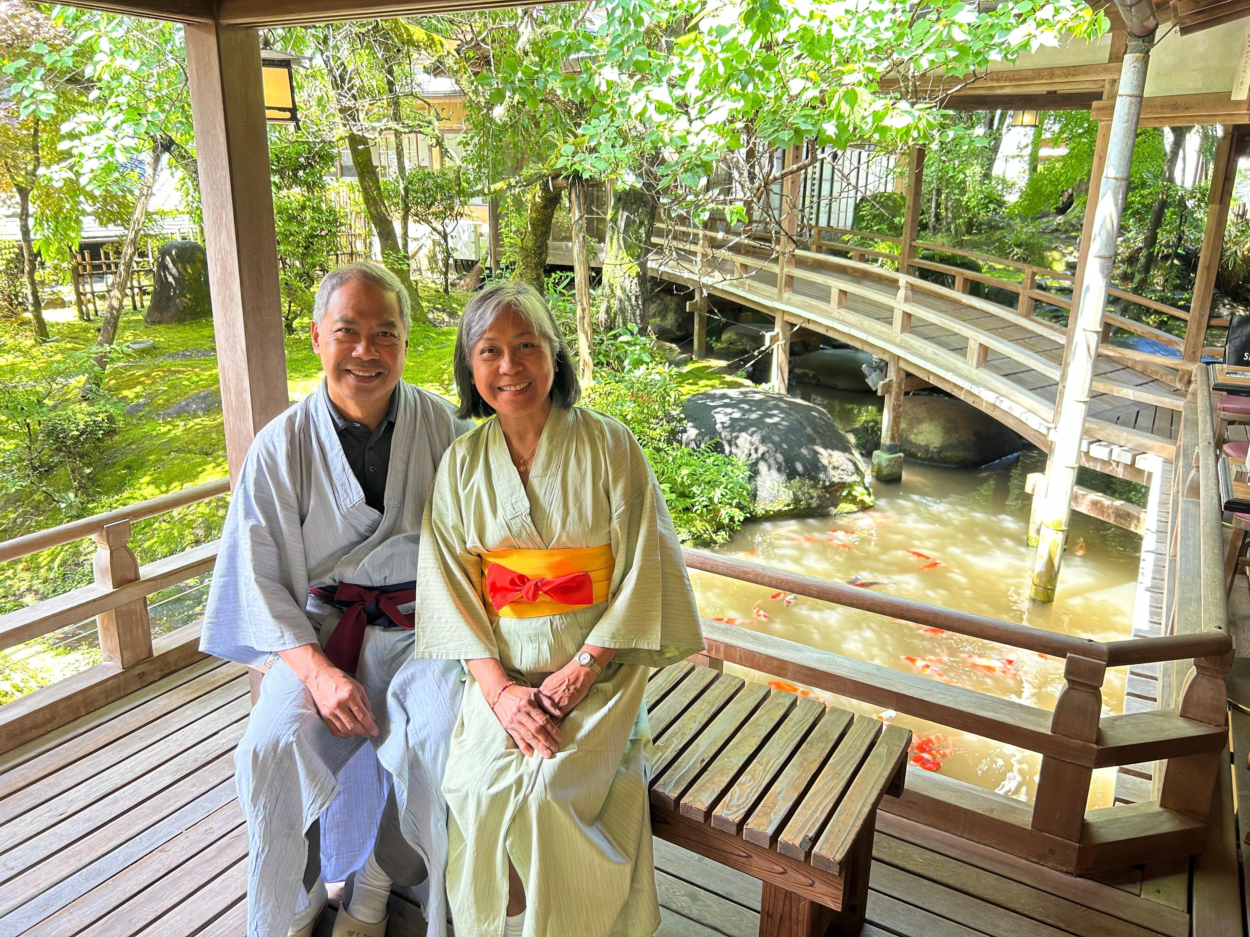 Strolling ryokan pathway going for breakfast
