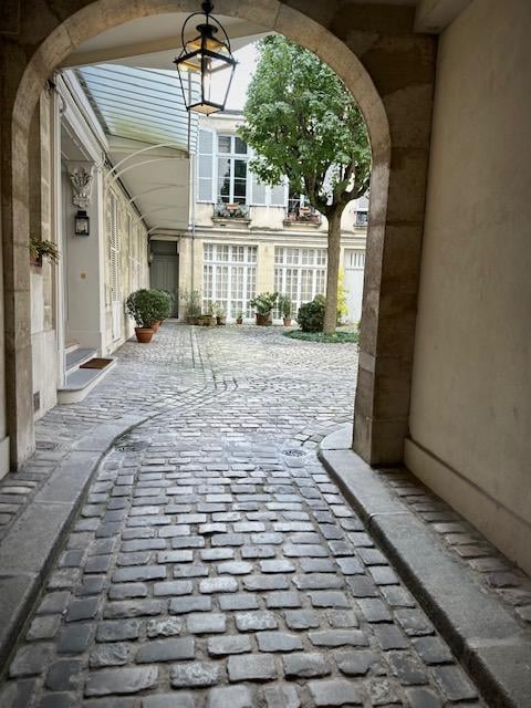 Private common courtyard behind closed gates 