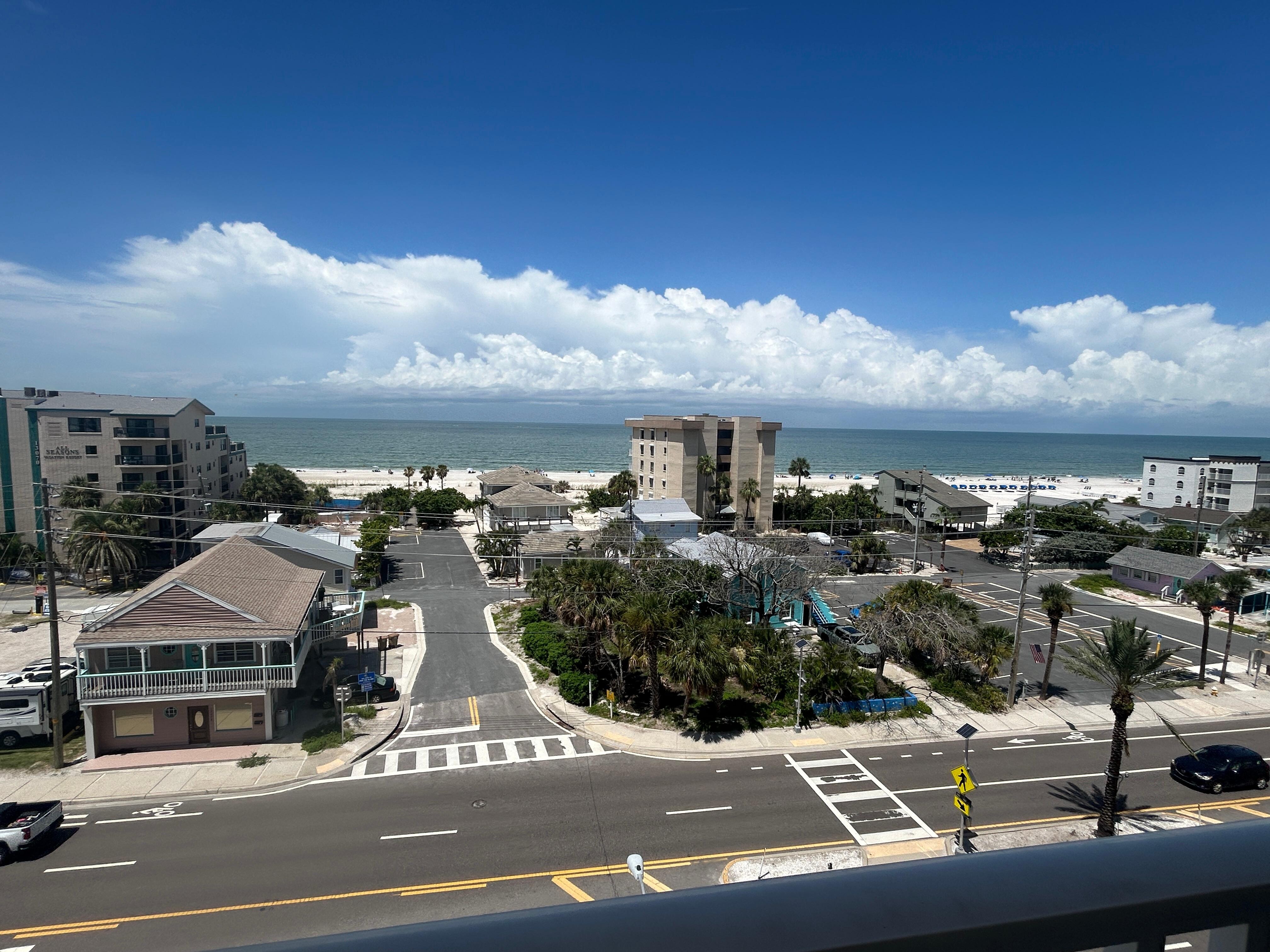 View from the balcony. You will walk across Gulf Blvd to get beach access. It's super quick.