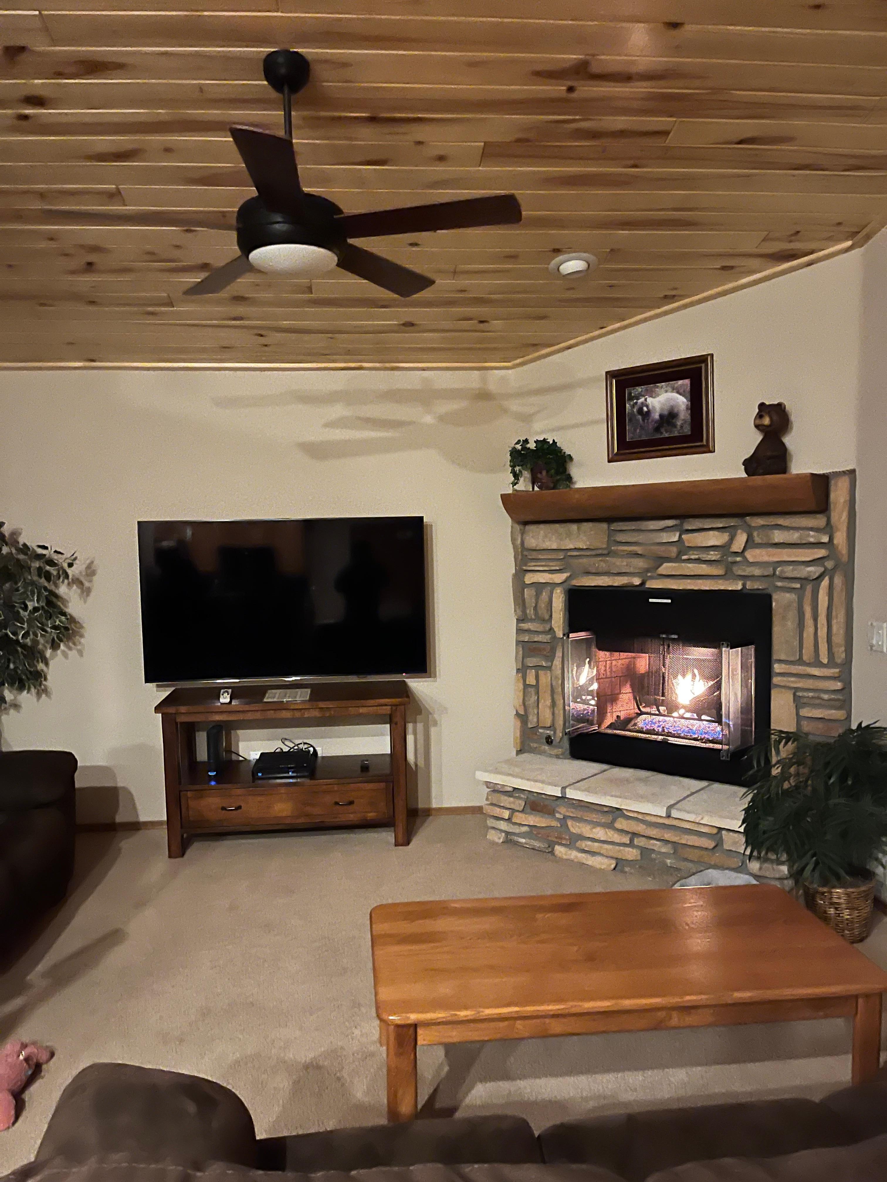 Living room with active fireplace 