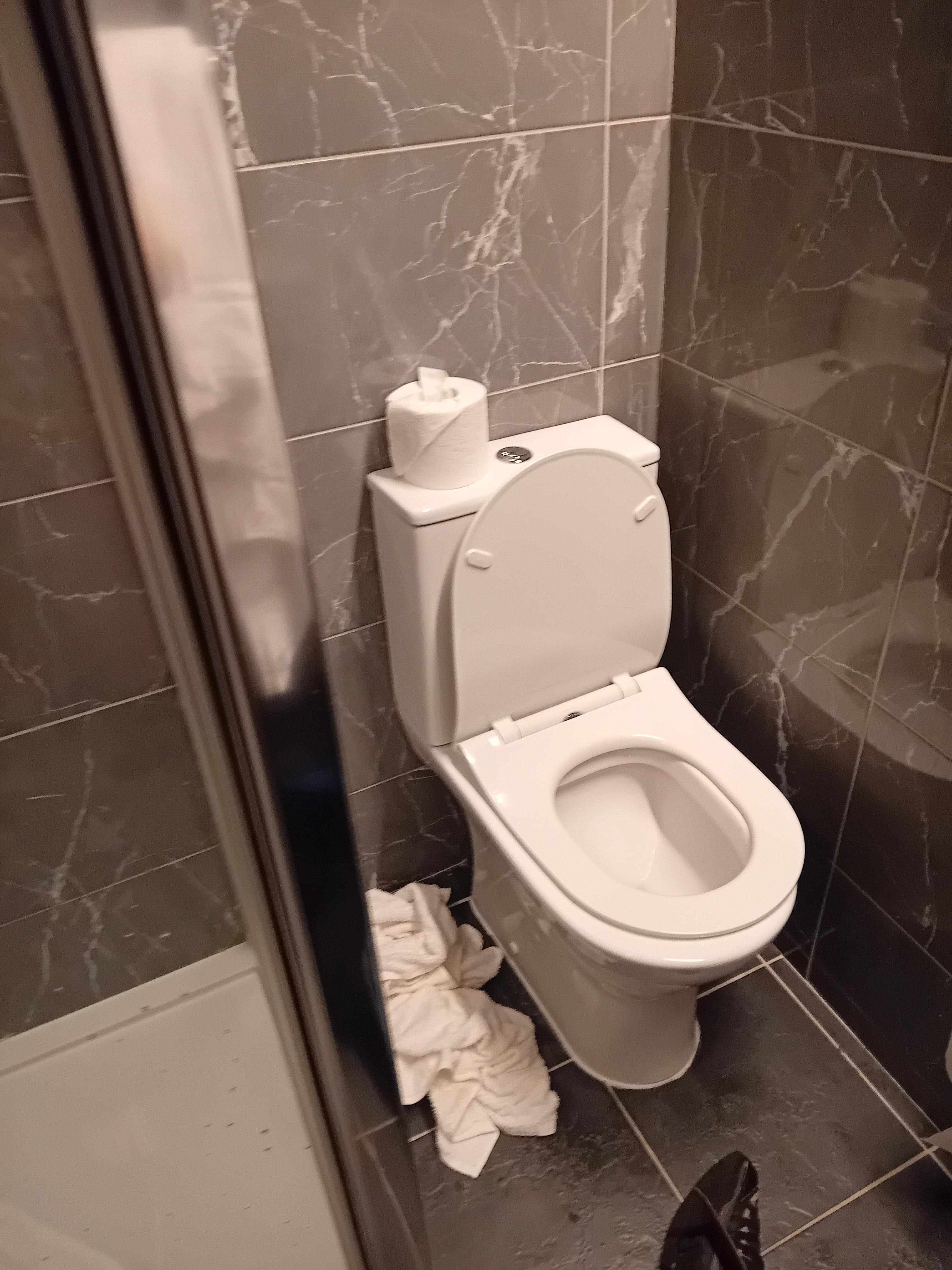 Toilet wedged into bathroom I was not able to sit straight on toilet