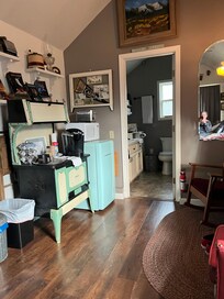 View from bed towards bathroom