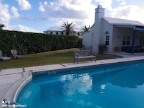 View from the poolhouse front patio at breakfast