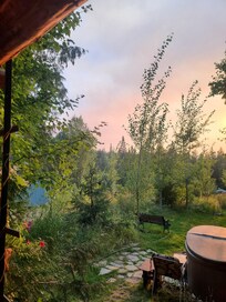 Smoky sunset from the little deck. It was a little smoky one day, from nearby forest fires, but that's common in the summer in this region.