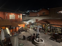 The courtyard at night is peaceful and beautiful