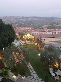 Decorated lights in the garden at sunset