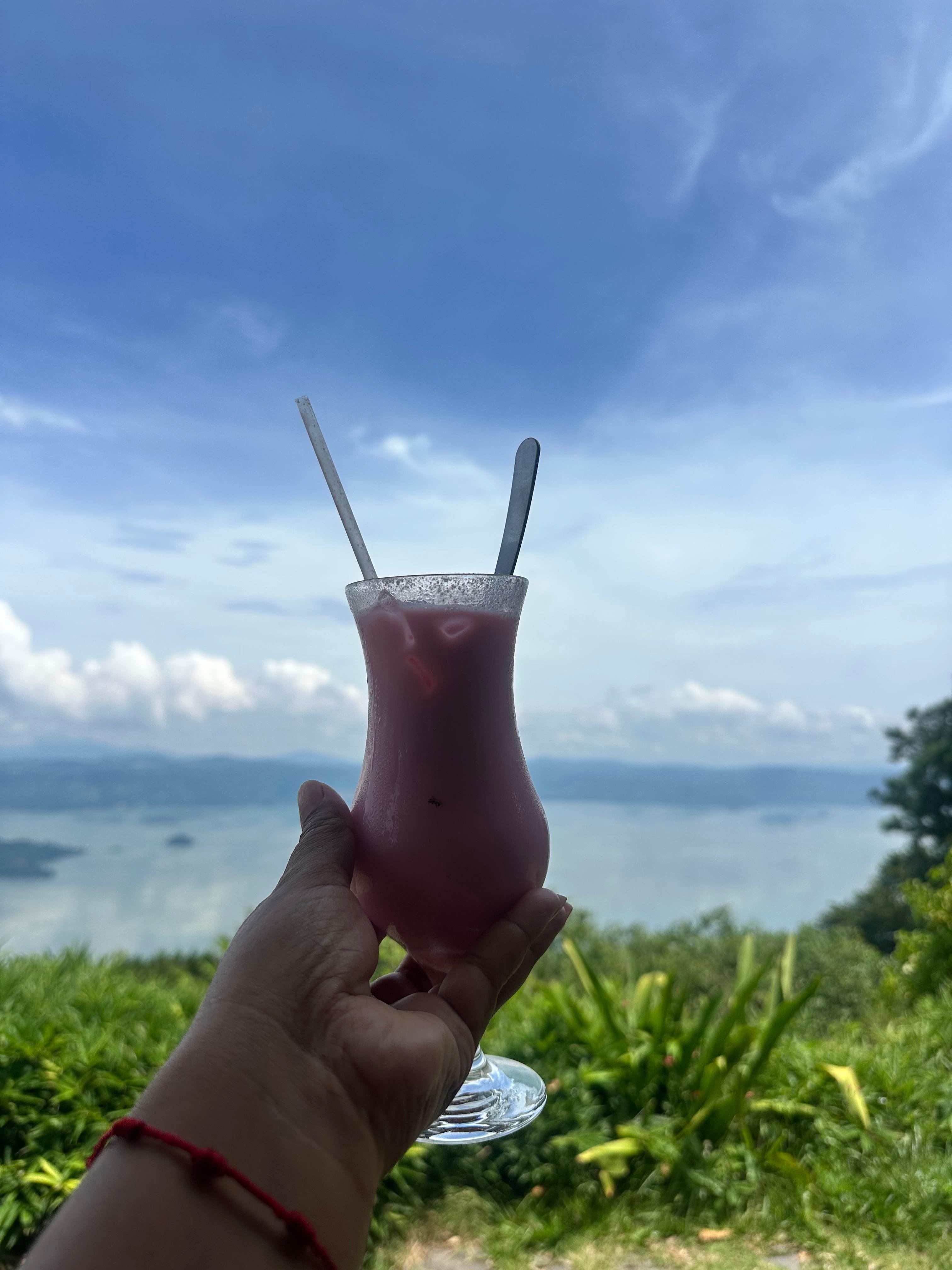 Canada drink at the restaurant and view of lake Ilopango.