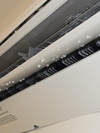 Condensation leaking from the splitter unit that bubbled the dry wall and puddled on the floor next to the bed.