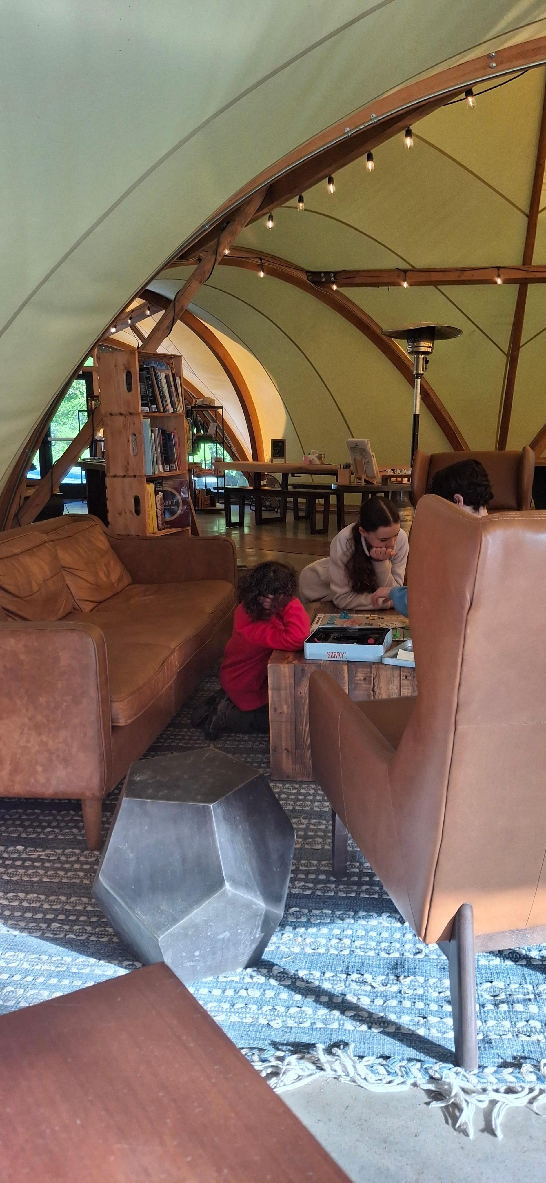 The lobby has games and books and plenty of places to relax. There is also beautiful outdoor seating for smores and gathering including some nightly singings.