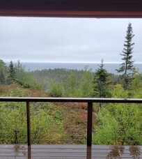 It was a bit foggy but this is the view of the lake from the cabin.
