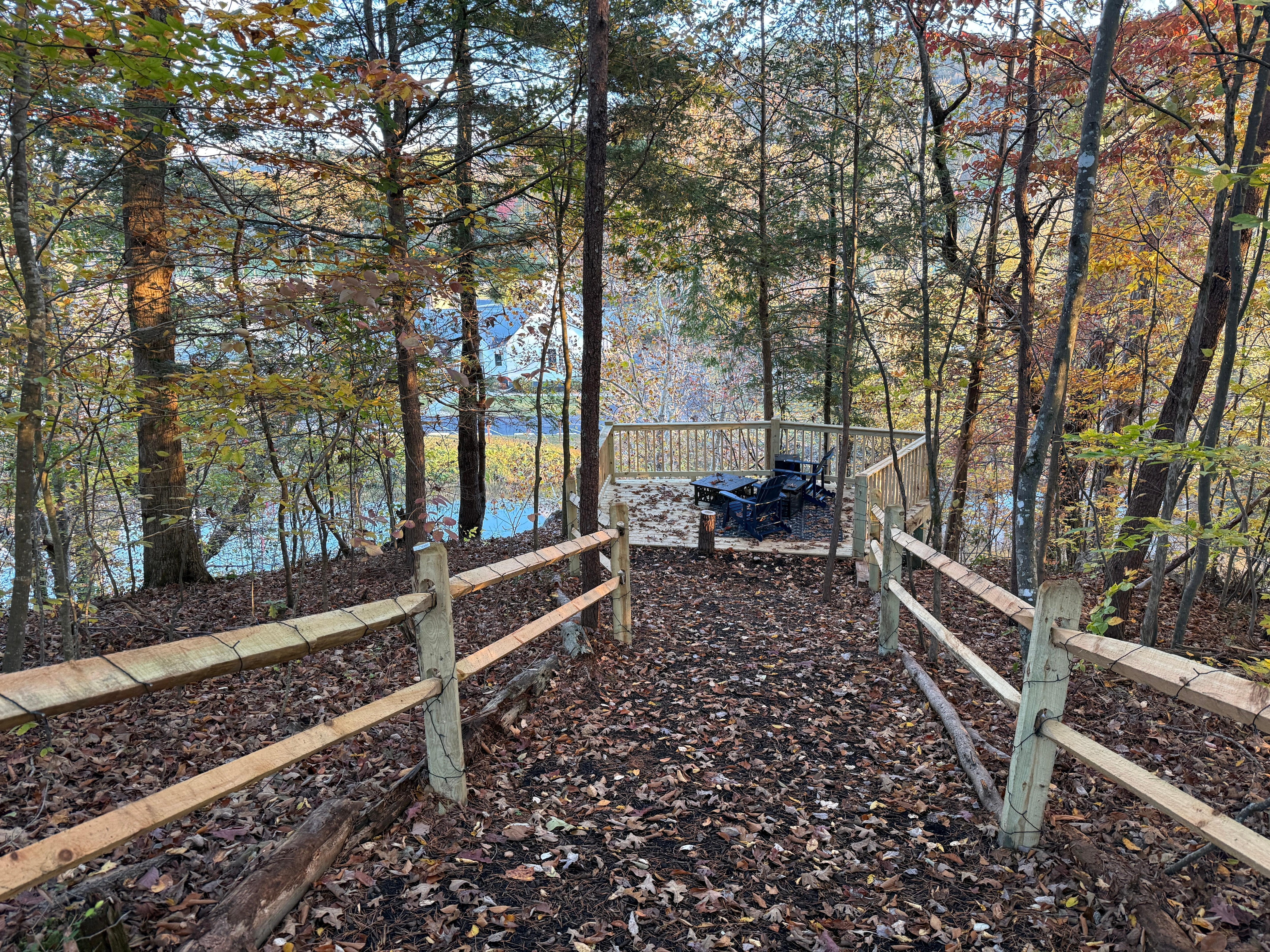 Looking from entry porch down to lower deck. 