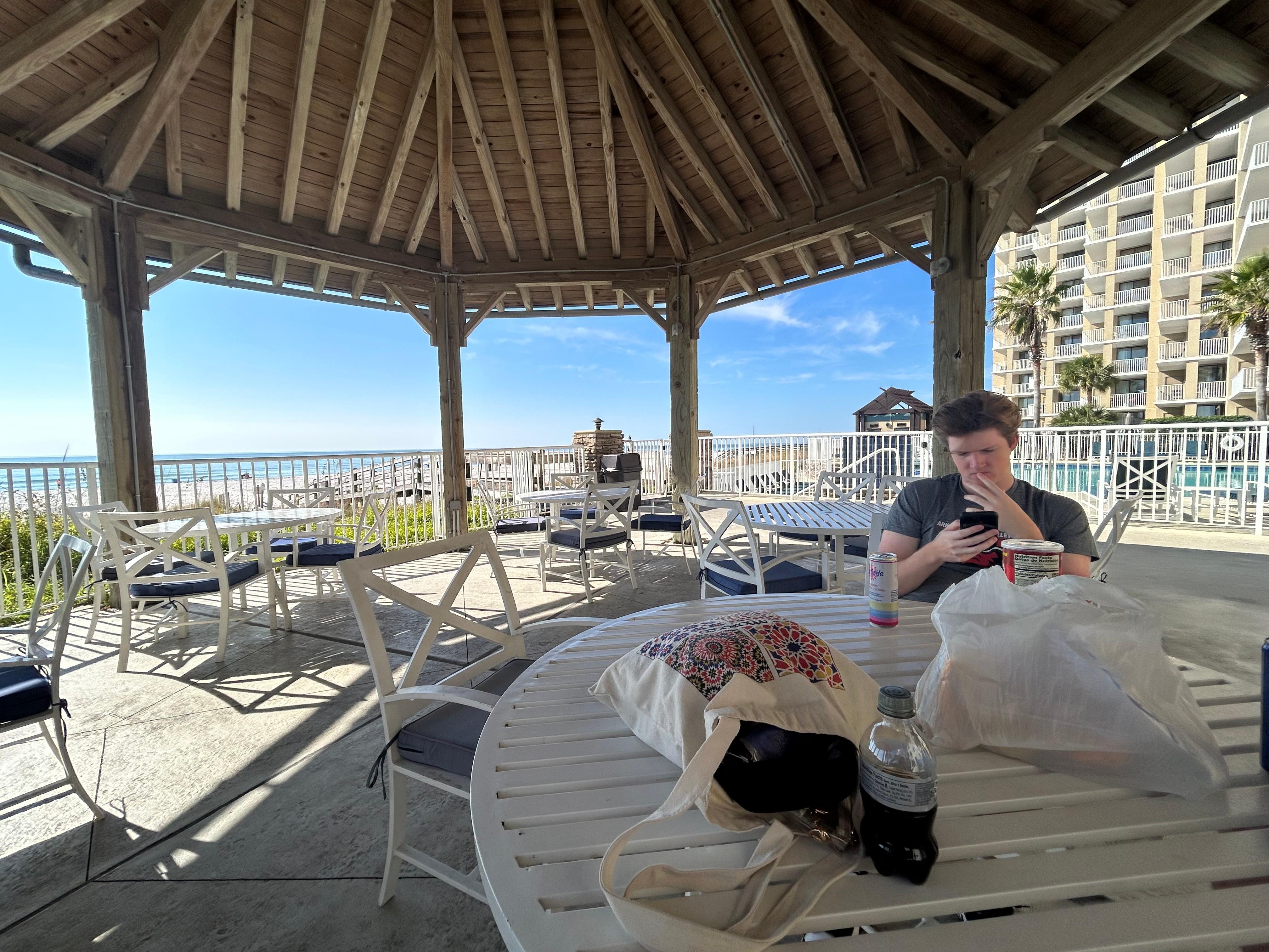 Taking a break from the sun under a large gazebo. 