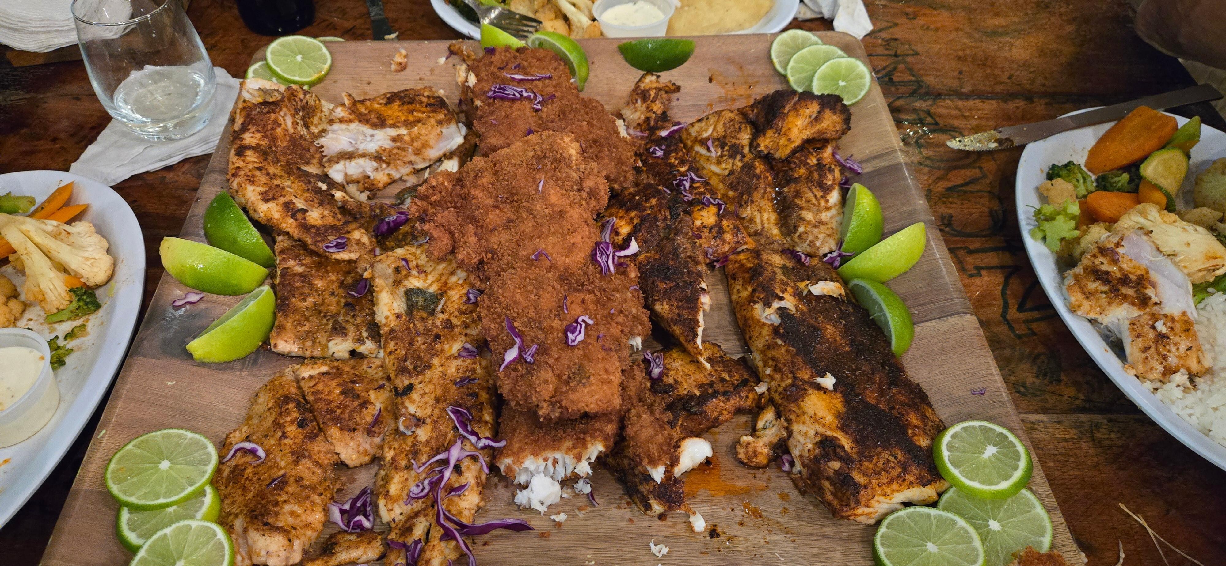 A yellowtail, a mackerel, and a barracuda we caught. Brought to The Palapa and this was the result! DELICIOUS!!