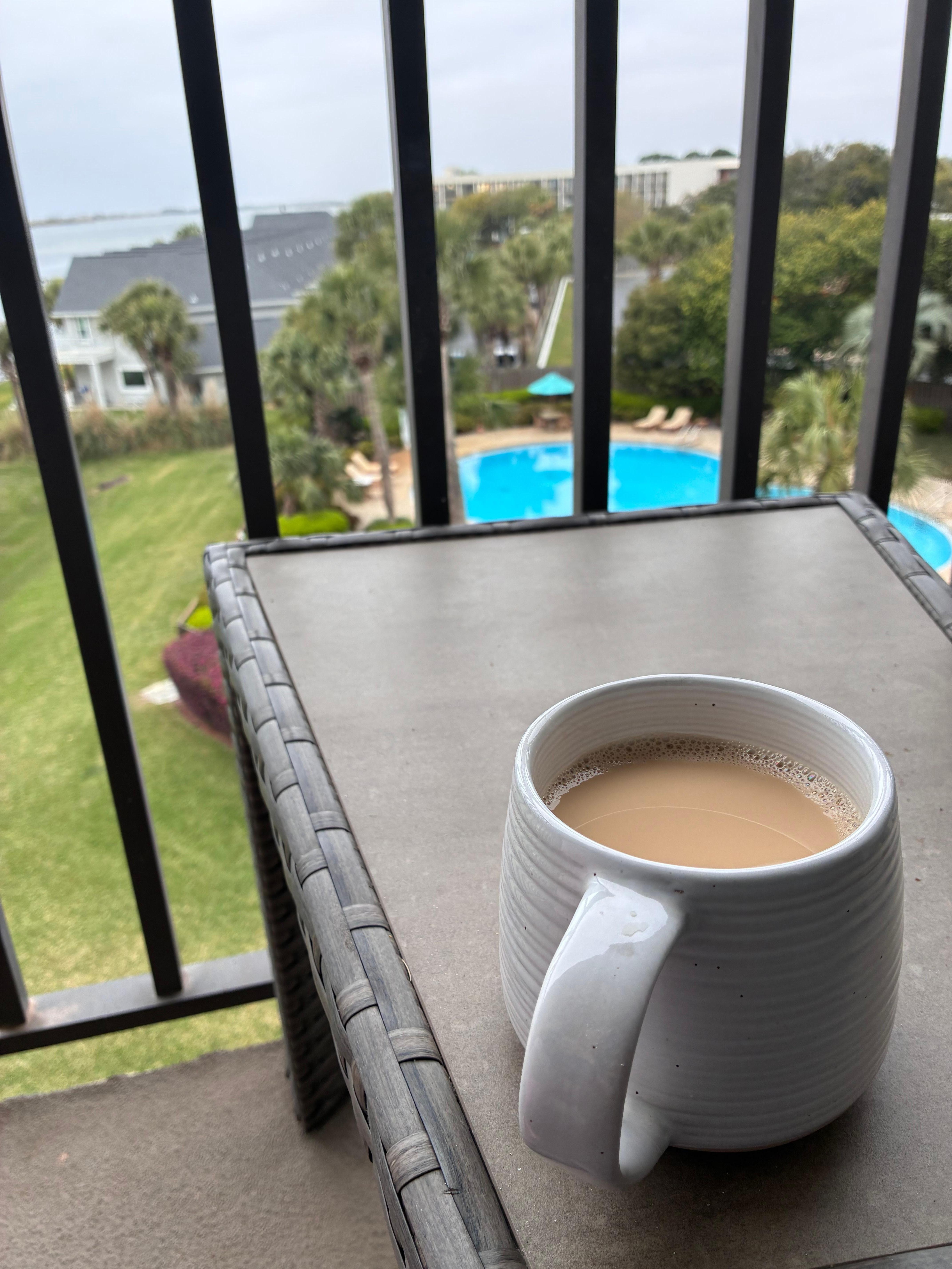 Great Keurig coffee maker and a full size fridge. 