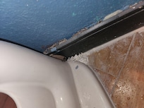 Paint shavings near toilet bowl.