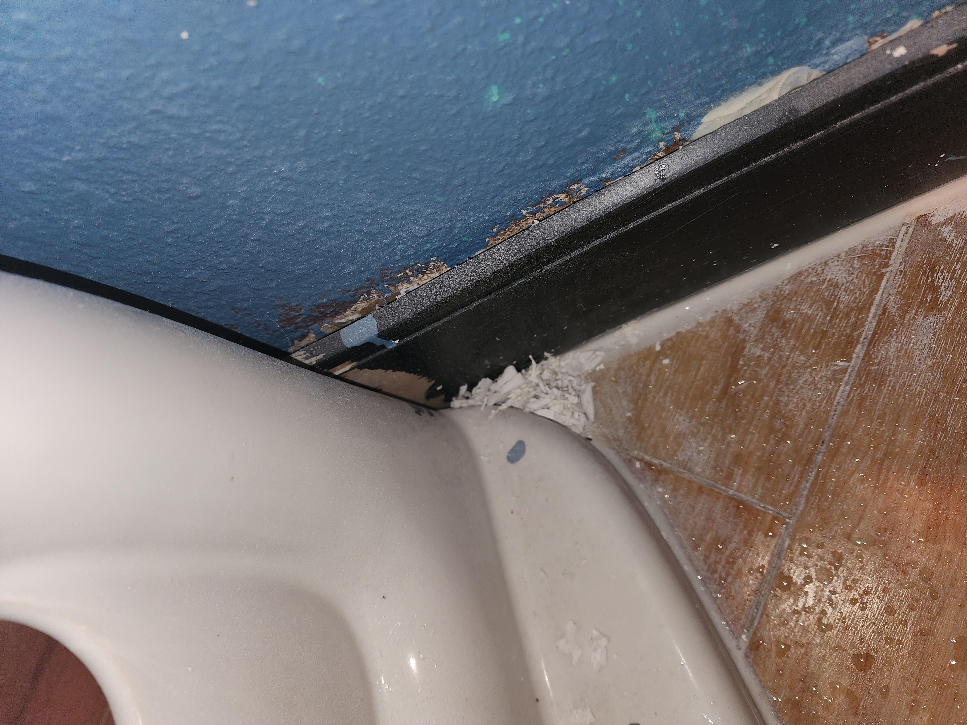 Paint shavings near toilet bowl.