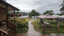 Grounds directly outside pub which is pet friendly (leashed) covered eating area.